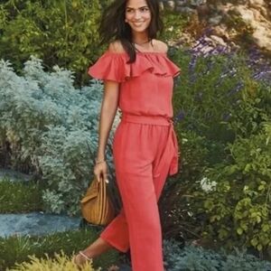 Tommy Bahama Women's Linen Blend Off The Shoulder Cropped Jumpsuit Cerise Size M